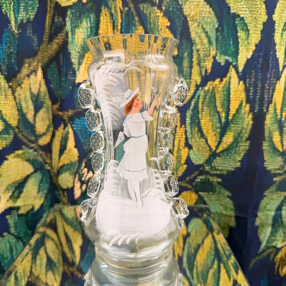 Antique Mary Gregory Style Clear Glass Vase Hand Painted Enamel Girl Rigaree‎ 8